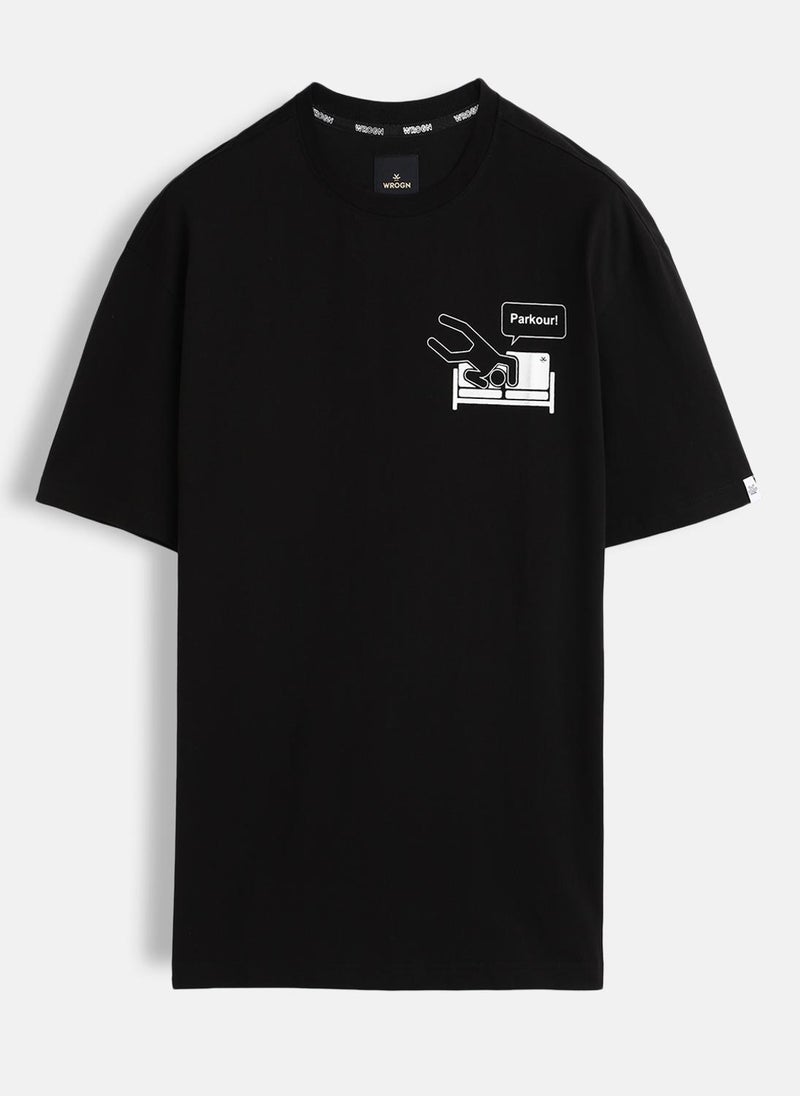 Wrogn Placement Print Oversized Fit T-Shirt | Black - Image 1